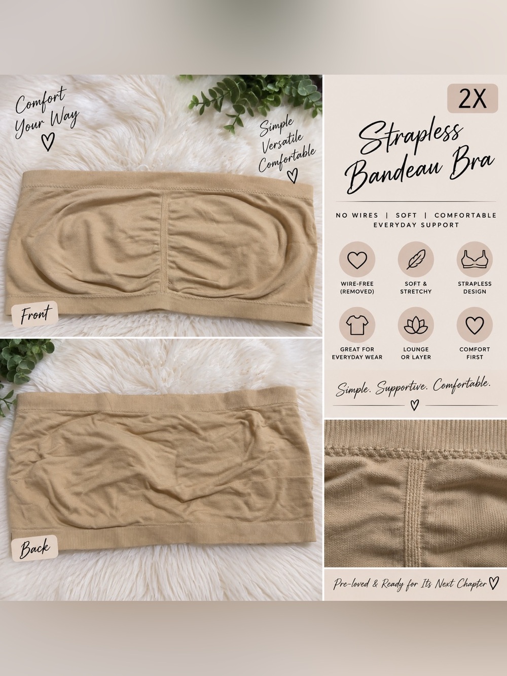 2X Nude/Tan Bandeau Bra Strapless & Wire-Free ♥️
